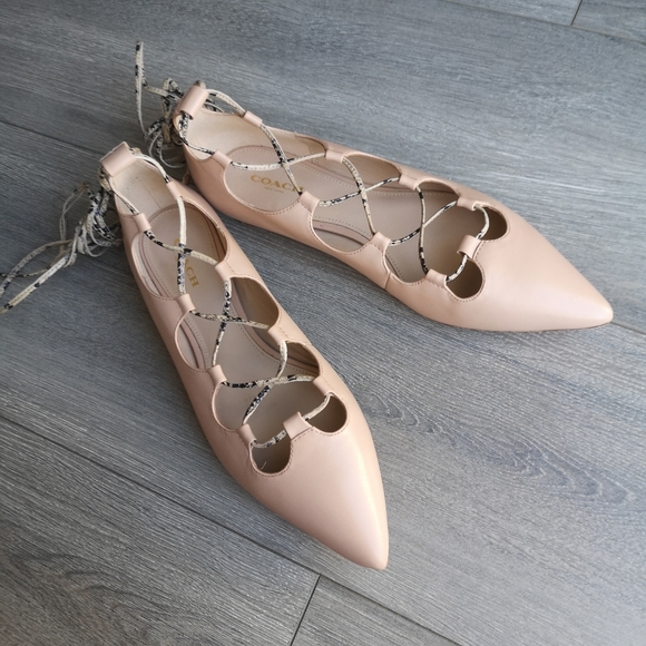 Coach Justine Leather Ghillie Lace Up Pointed Toe Ballet Flat in Nude - Picture 6 of 16